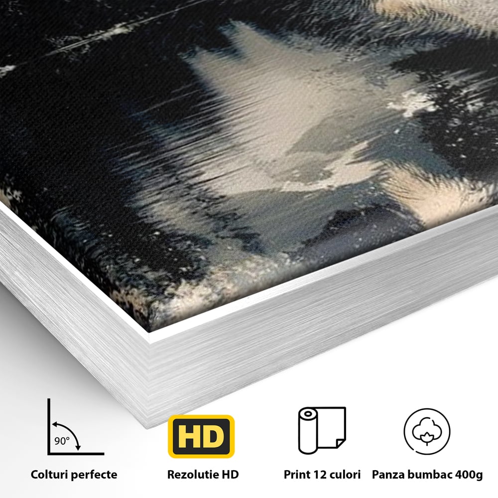 Detaliu al suprafetei: tablou canvas cu urs si peisaj montan, in rama de aluminiu argintiu